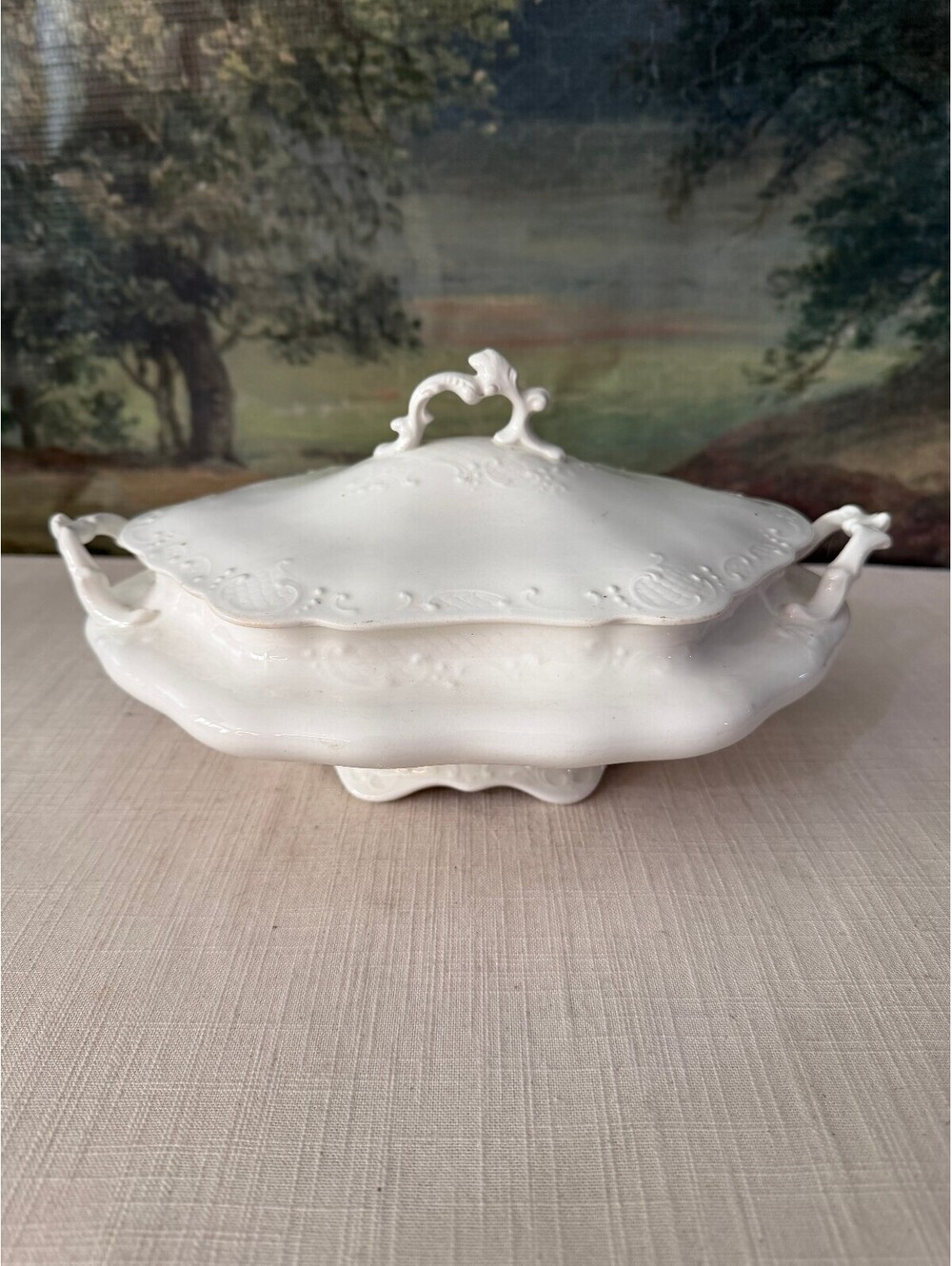 White covered serving dish with handles